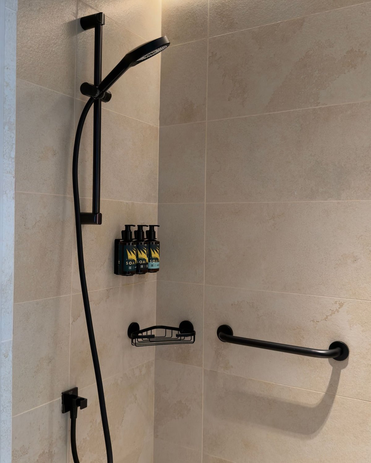 Accessible shower with matte black grab bar and handheld shower